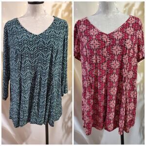 Roz & Ali Jersey Stretch Knit V-Neck Swing Top Set Womens Plus Size 1X Boho